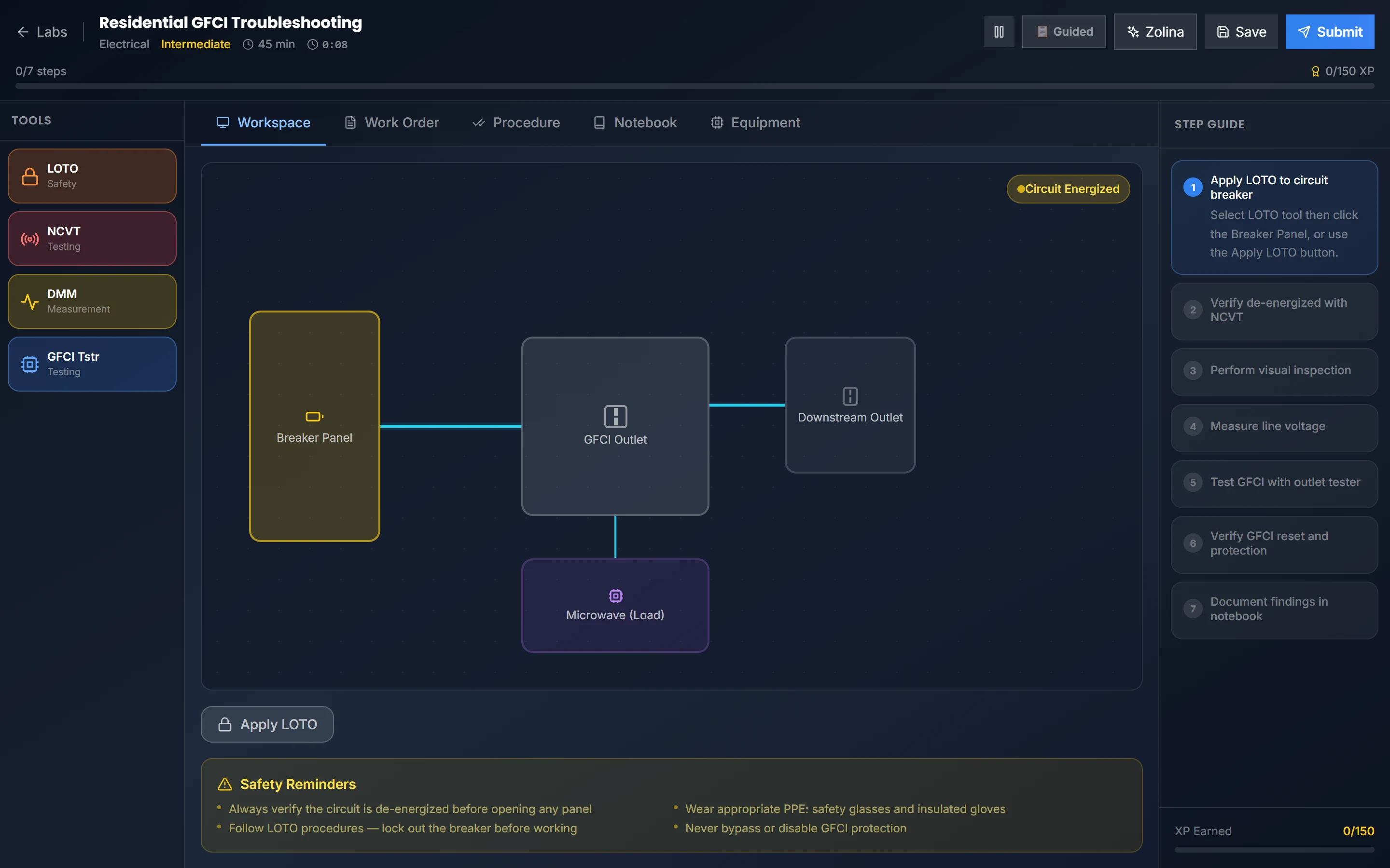 Khlovia Virtual Lab workspace for Residential GFCI Troubleshooting with tools, a step guide and safety reminders