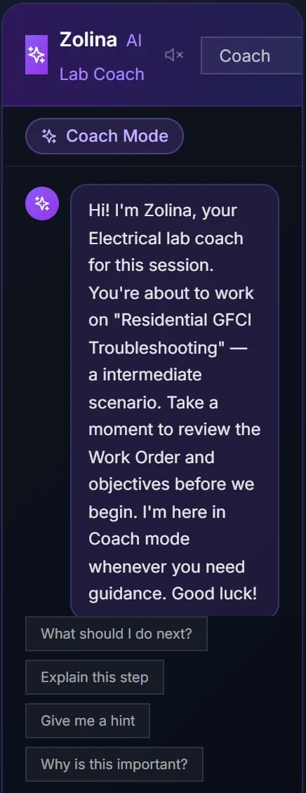 Zolina, the Khlovia AI lab coach, explaining the work order and offering prompts such as What should I do next and Give me a hint